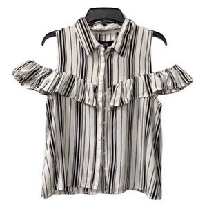 Streetwear Society NWT Women White Black Striped Ruffle Sleeve T-shirt Blouse